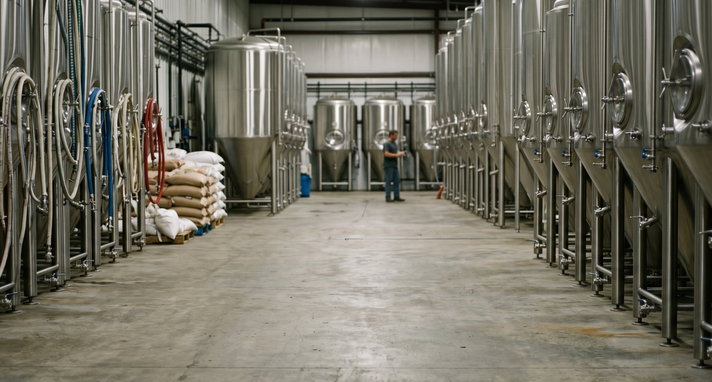 Fermentation hall lined with stainless steel tanks, sacks of grain stacked along the left wall