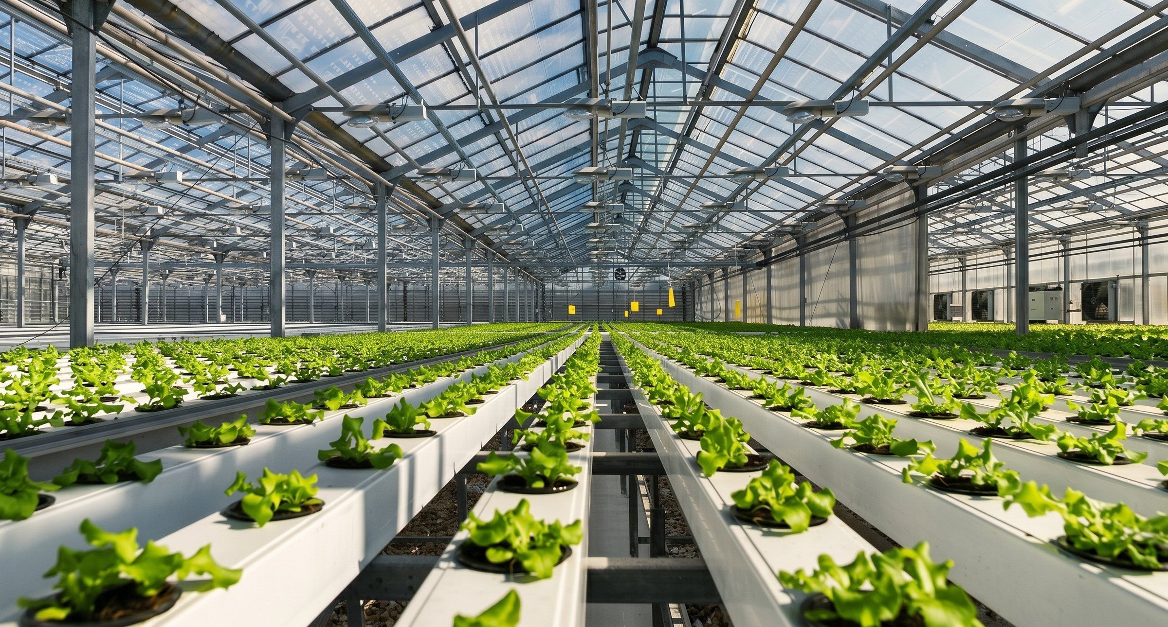 Growing hall under a glazed roof, long hydroponic channels of lettuce running to the far end