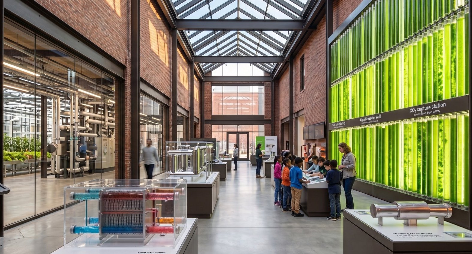 Public center exhibition hall, algae bioreactor wall and CO2 capture station with a school group at the working models