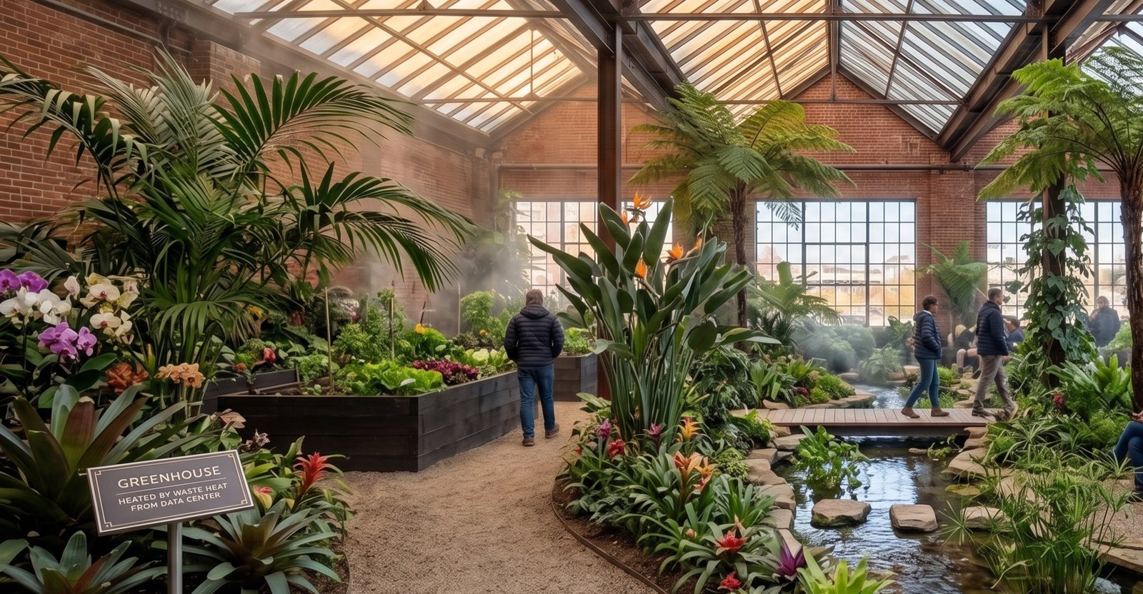 Greenhouse heated by waste heat from the data center