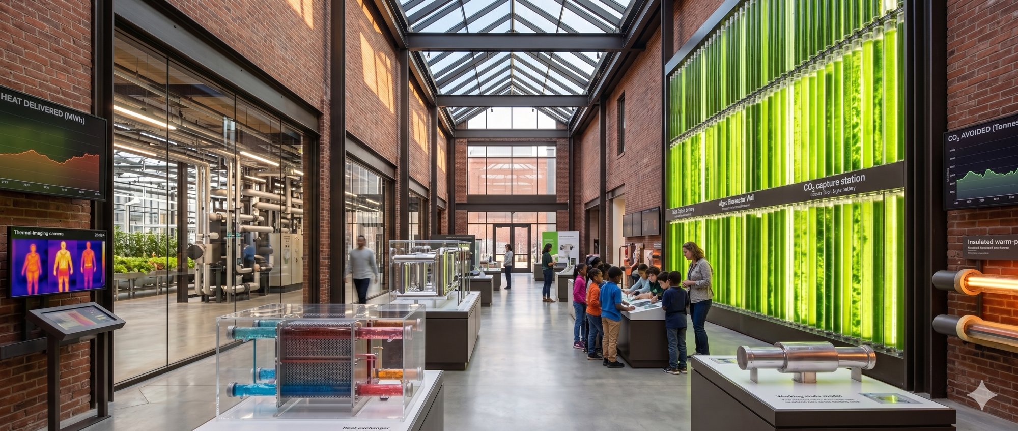 Education centre interior, exhibits, thermal camera and algae bioreactor wall
