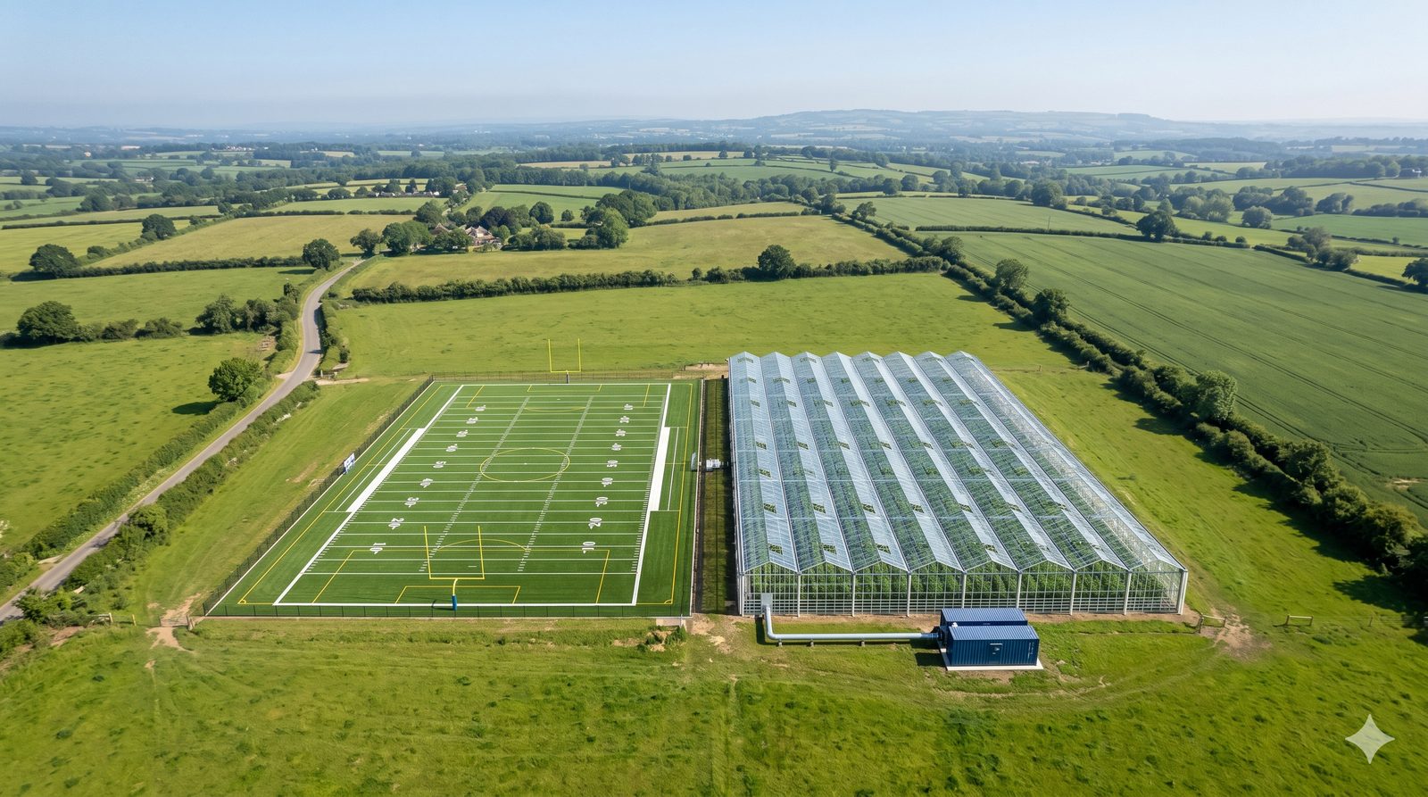 Greenhouse beside a football field