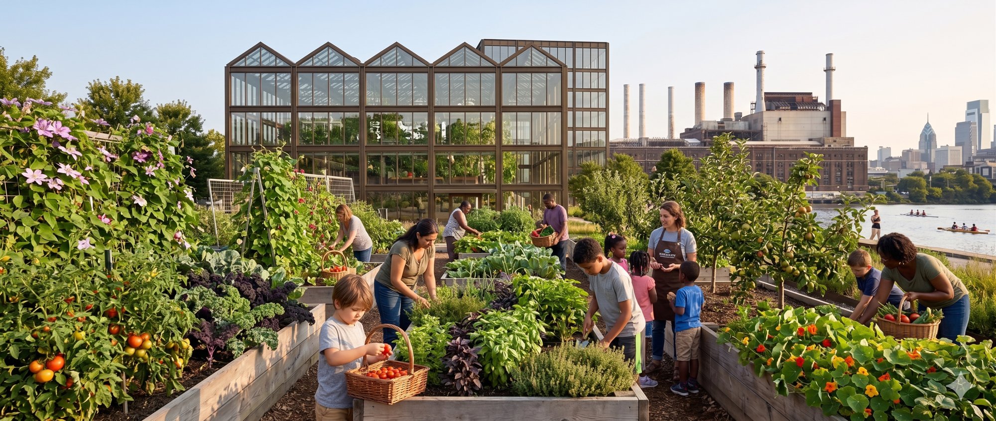 Community growing program, families tending raised beds
