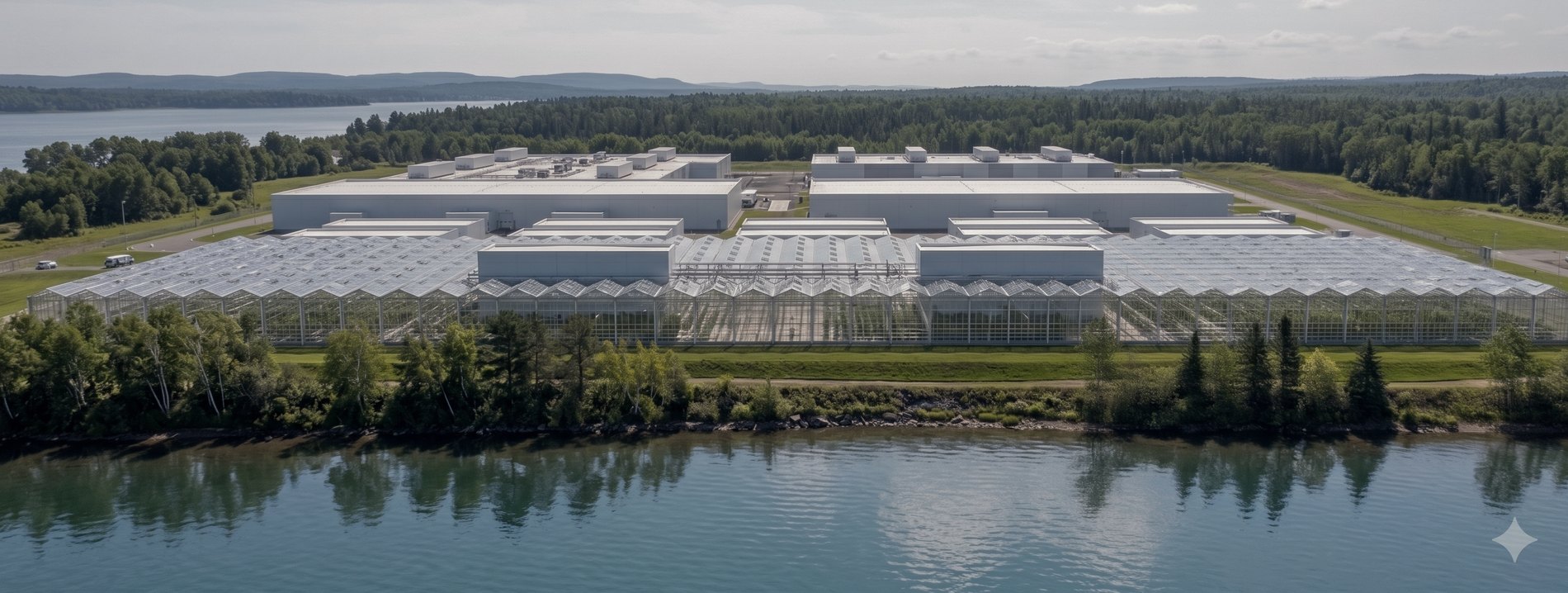 Data center campus with greenhouse arrays by the water