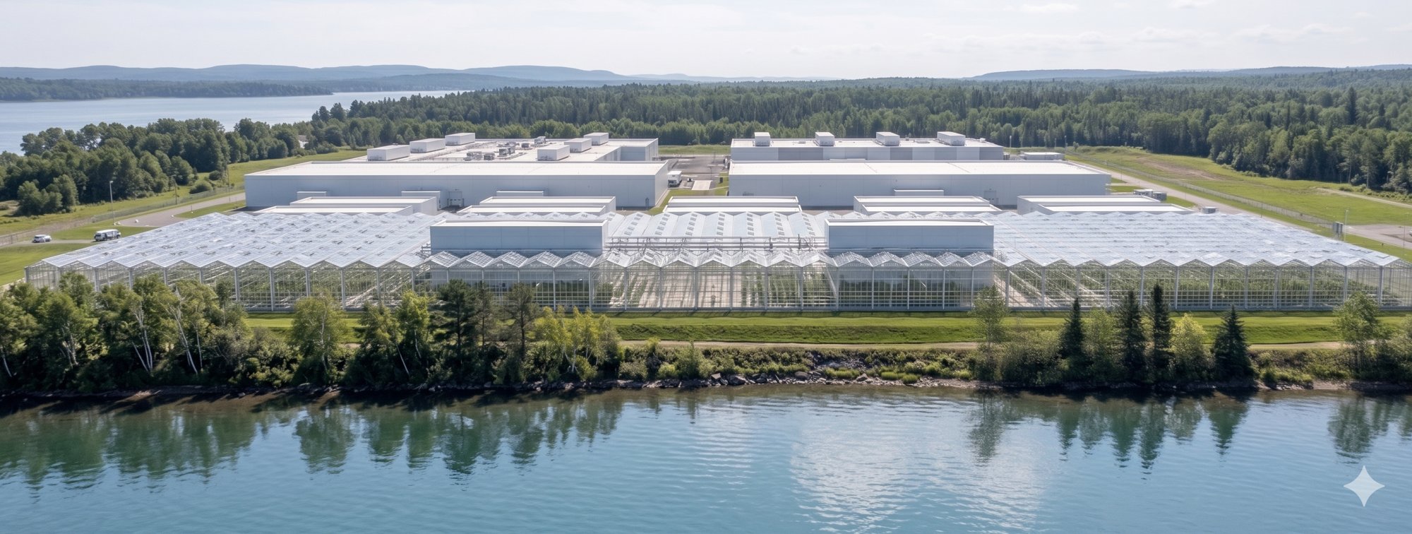 Data center campus with greenhouse arrays by the water