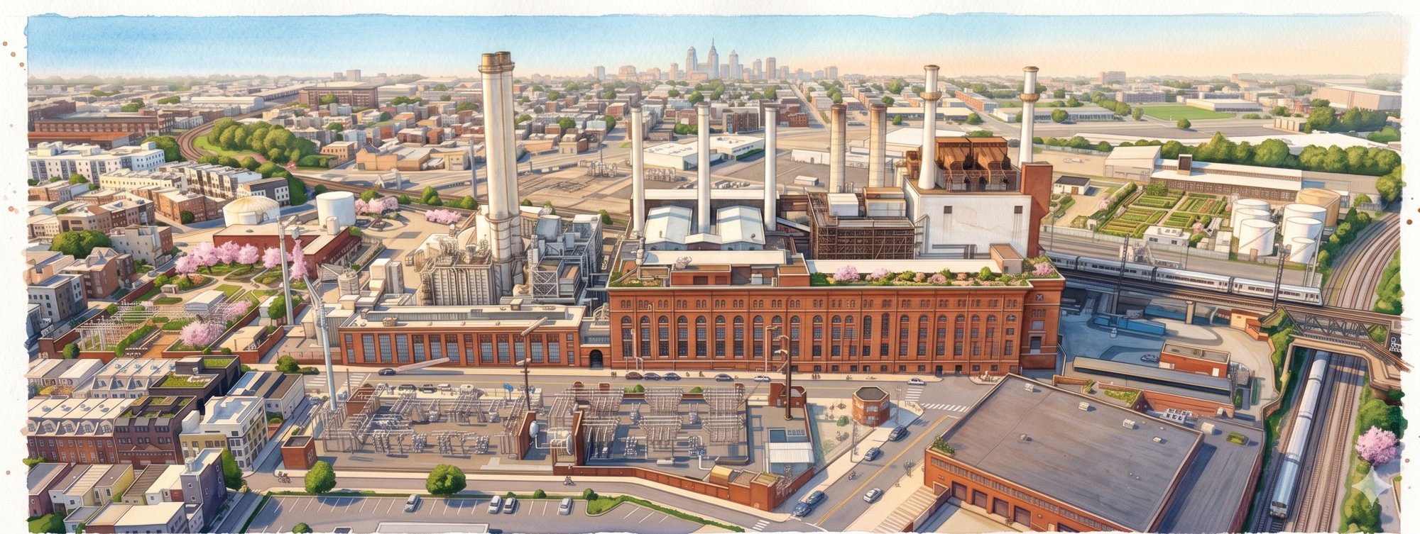 River site, brick plant, stacks, greenhouses and the city beyond