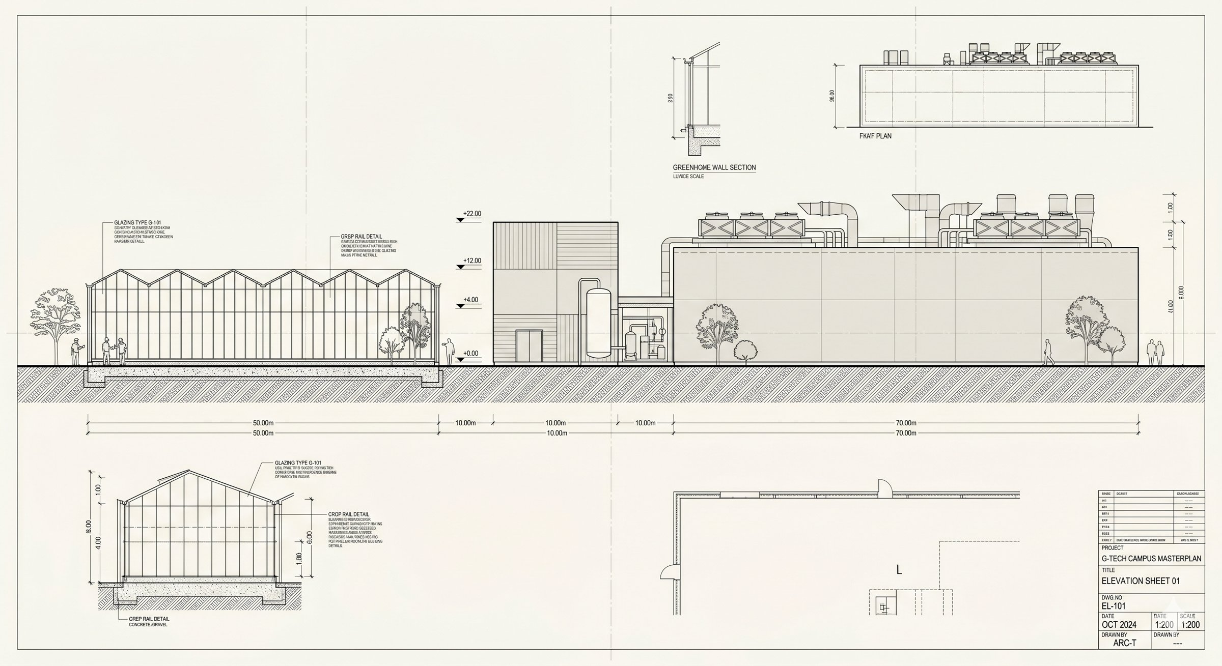 G-Tech campus elevation, greenhouse hall and data center