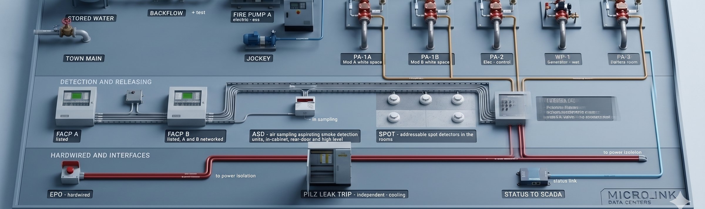 Fire and life safety systems: pumps, detection, releasing, EPO and SCADA