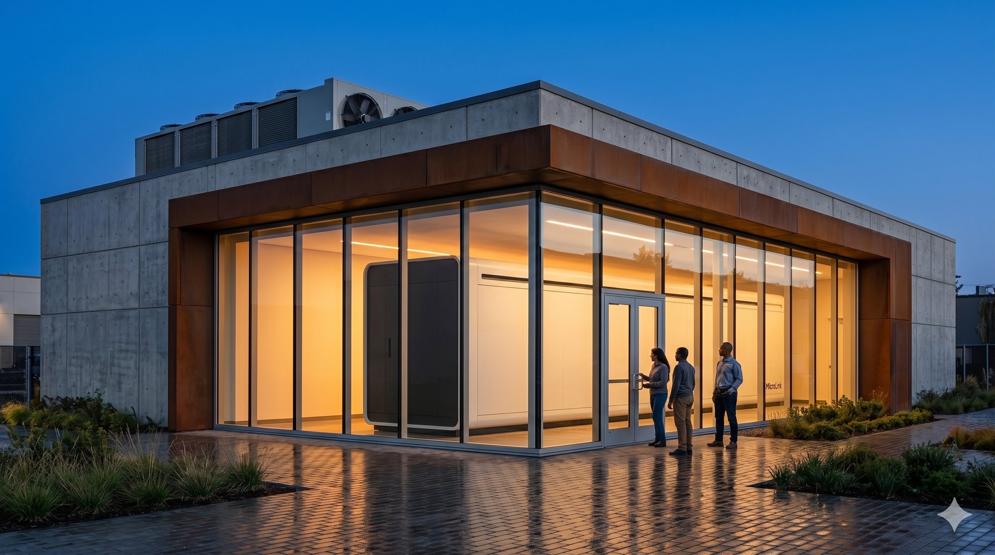 The plant building at dusk, glass walled with rooftop dry coolers