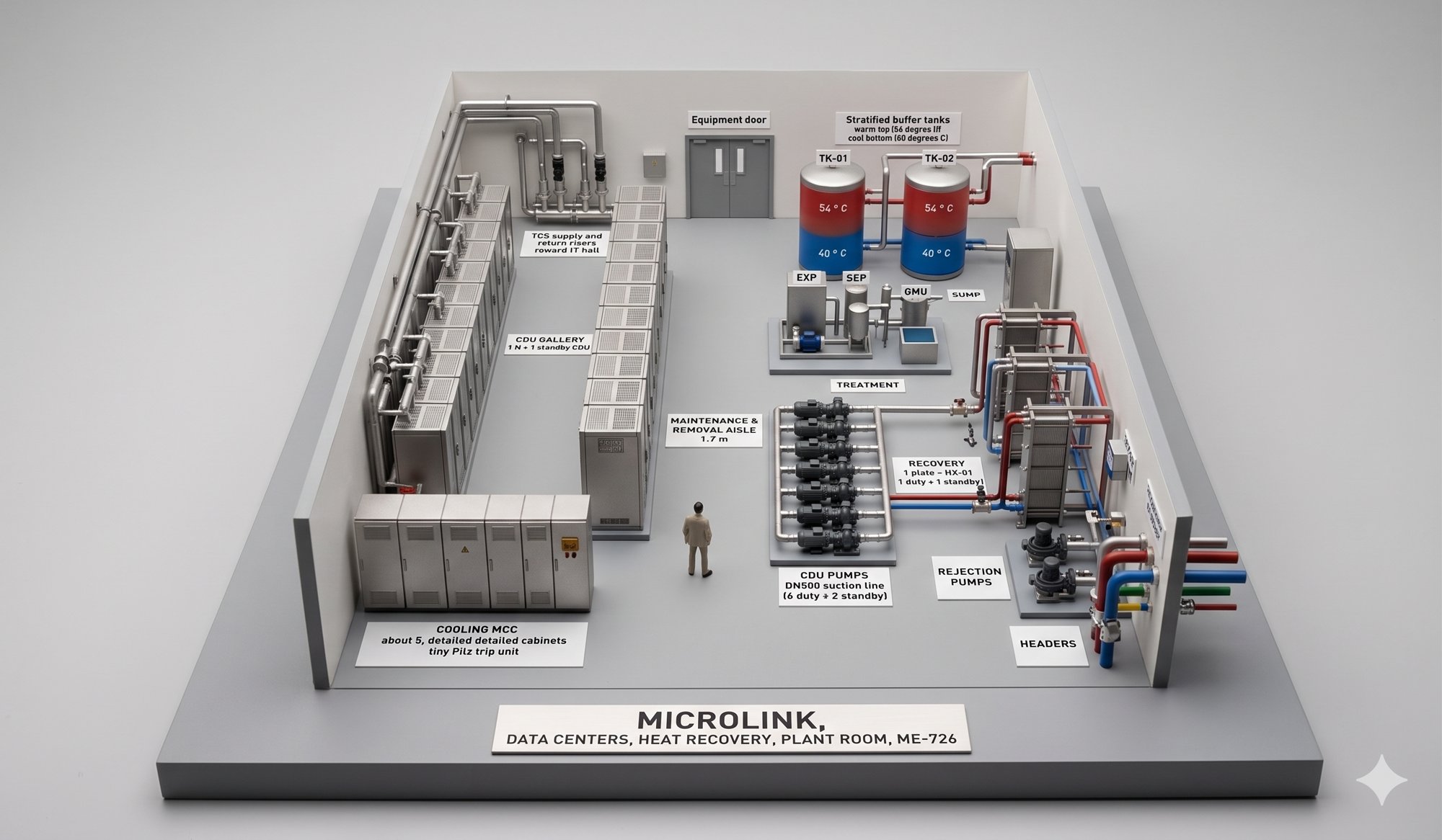 Plant room, heat recovery, CDU gallery and buffer tanks