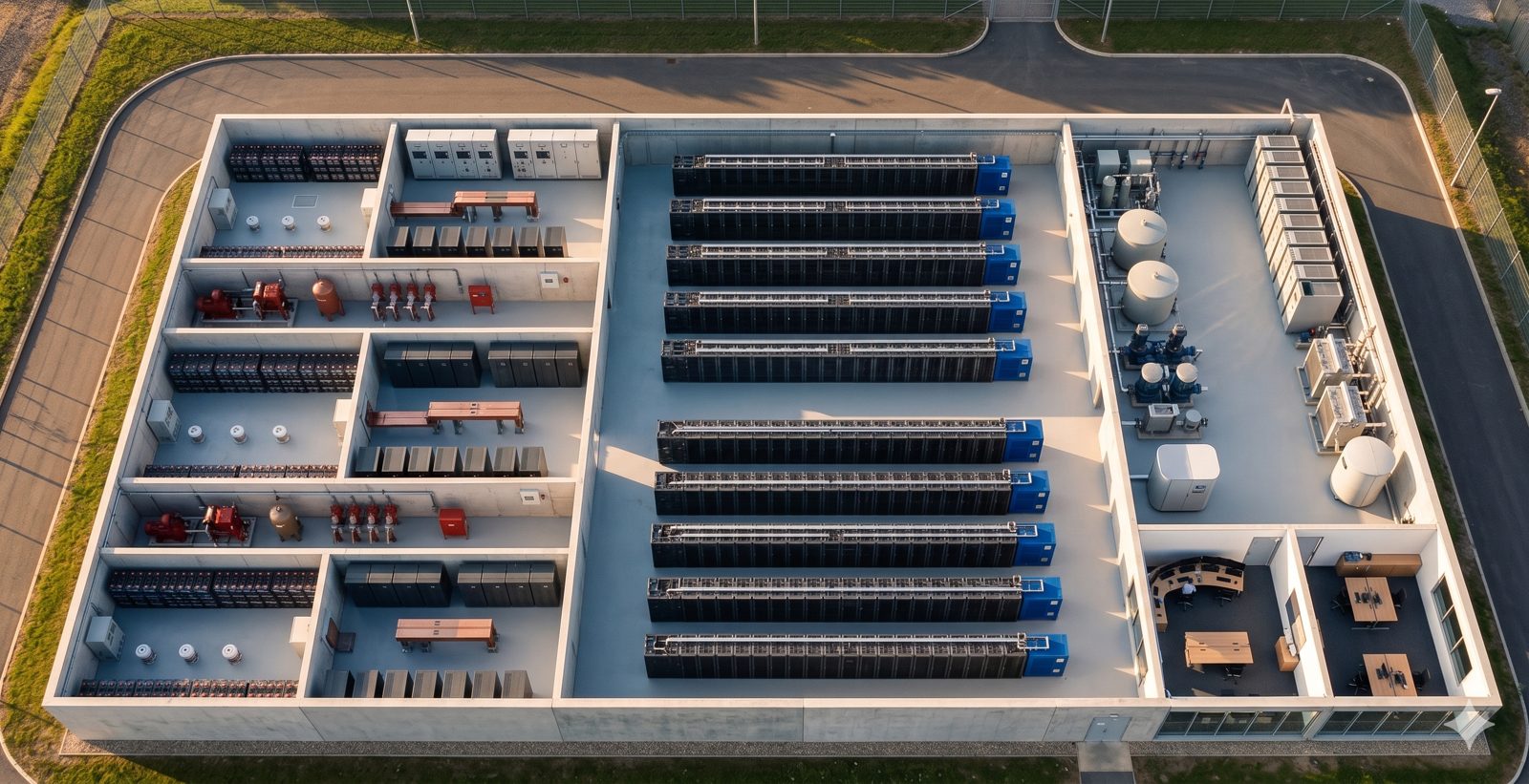 Data center interior, compute halls with power and cooling rooms