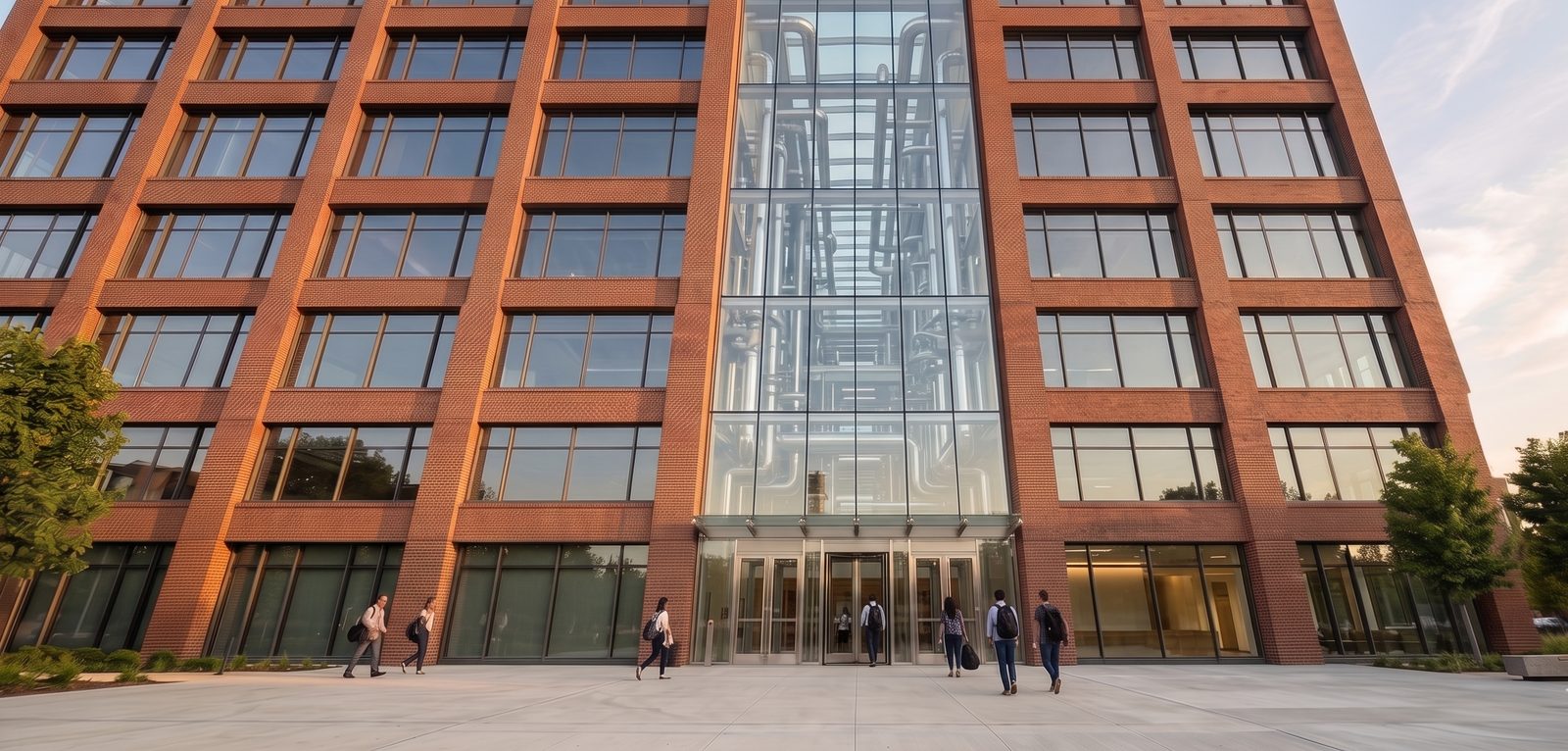The data center, brick facade and glazed atrium pipe gallery