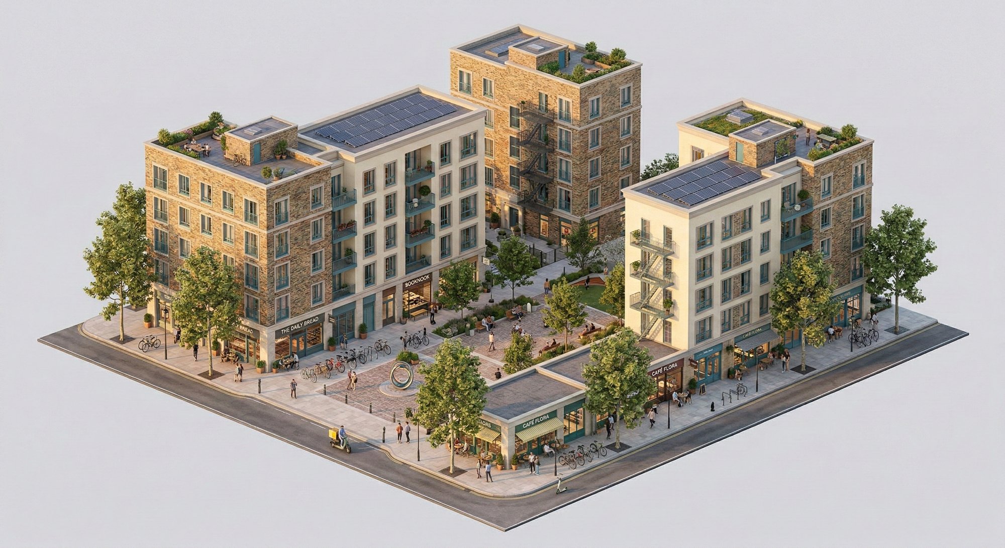 Community block, shops, cafes and apartments around a public square
