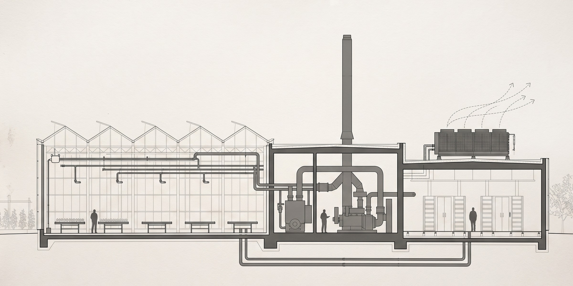long section through Building One showing the greenhouse, the plant room with the CHP set, the compute hall, and the dry cooler bank on the roof