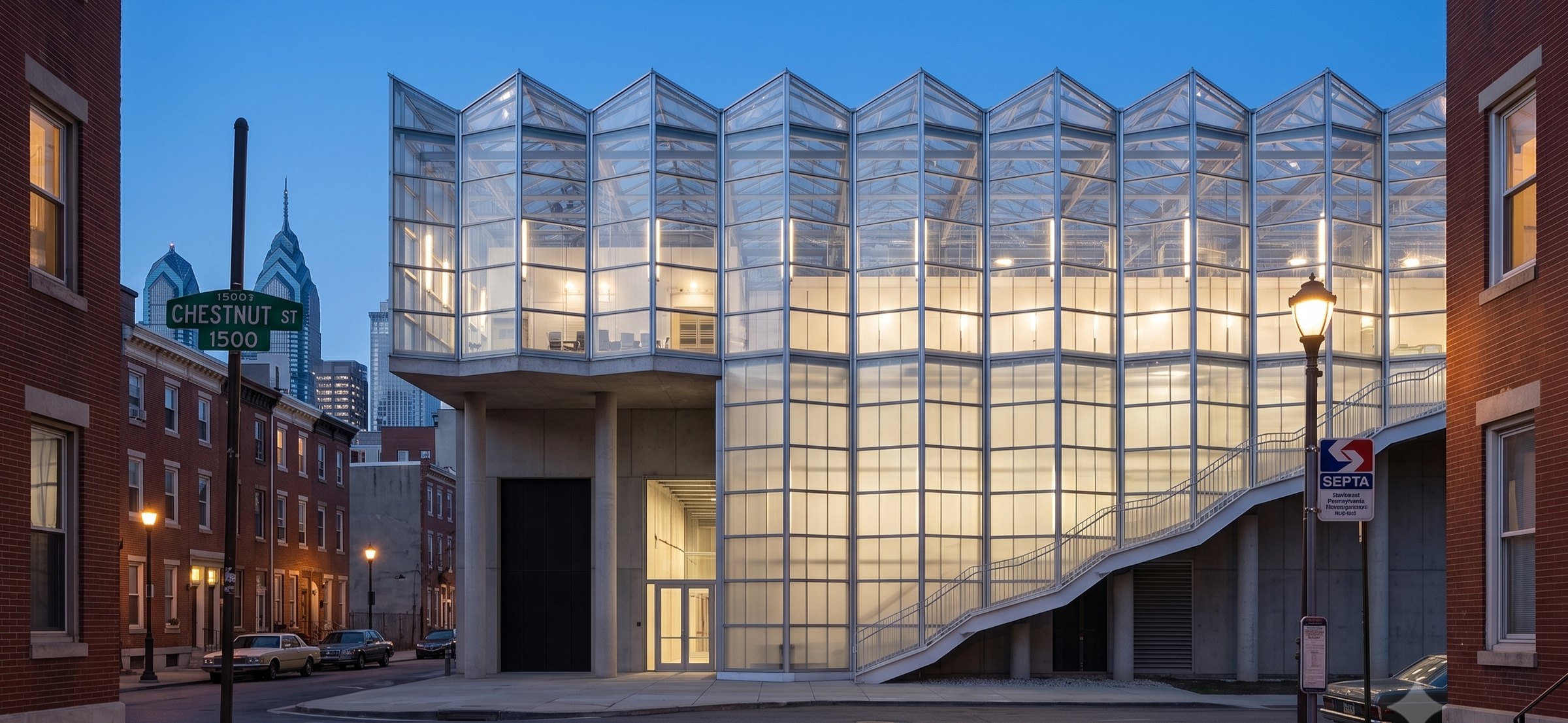 Glass-roofed facility on Chestnut Street at dusk with the Philadelphia skyline behind it